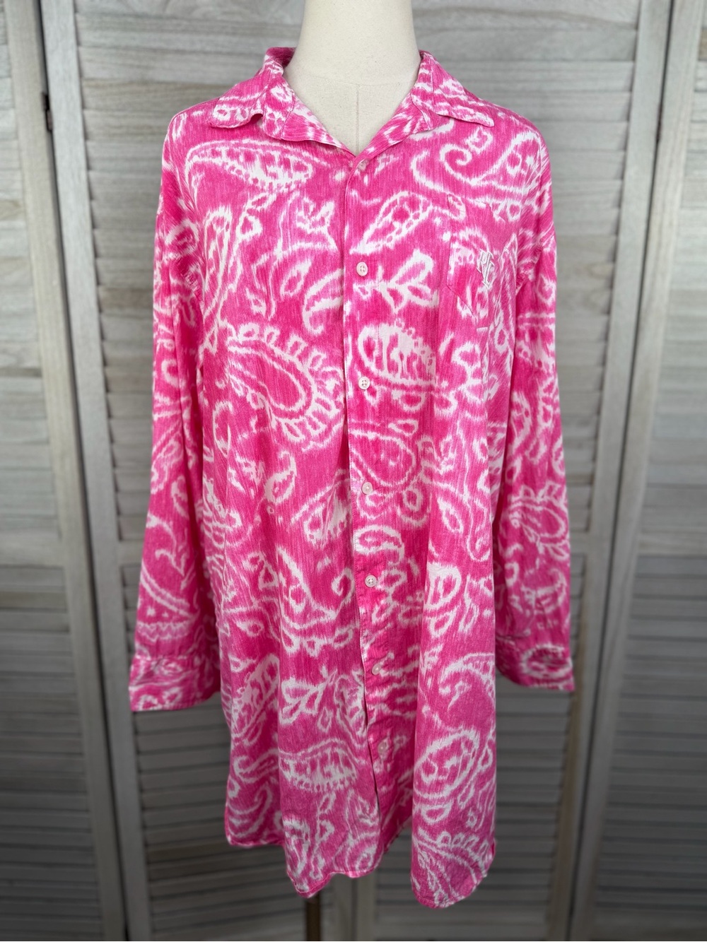LAUREN RALPH LAUREN Women's Long Sleeve Roll Tab "His Shirt" Sleep Shirt-XL
